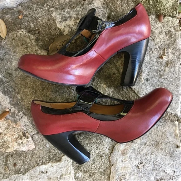 John Fluevog Red and Black Heels with Blue Accents - Picture 3 of 4